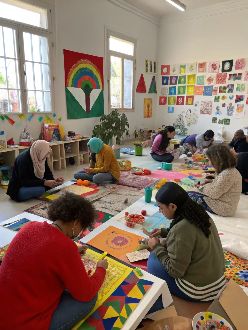 A dynamic shot of a group of young people engaged in an art workshop at American Beach La Rochelle, showcasing the organization's dedication to fostering creativity and artistic expression.