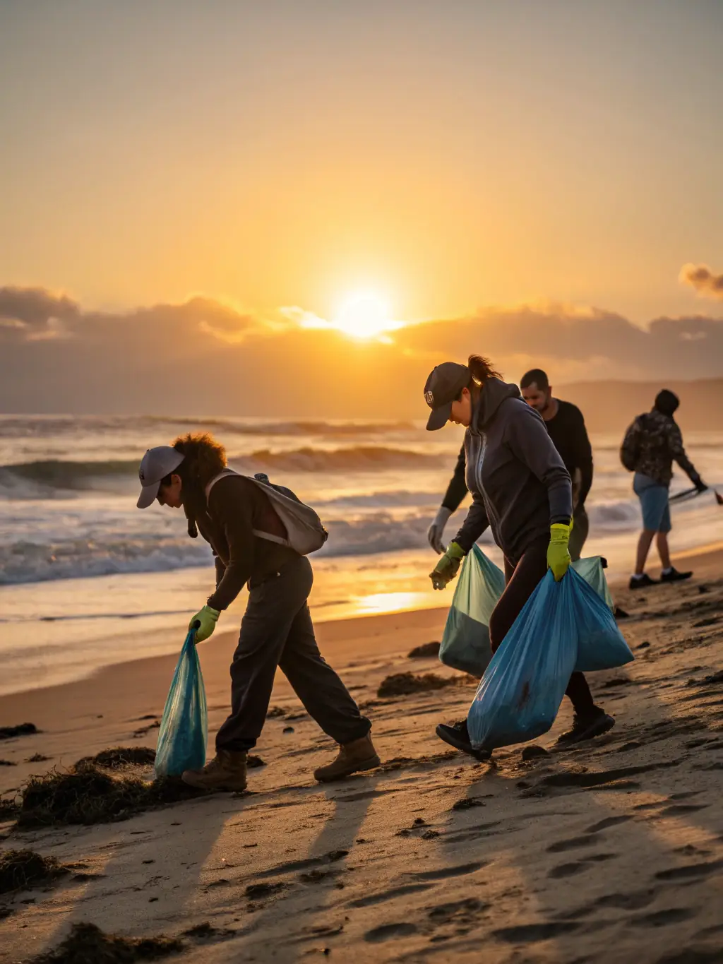 A heartwarming photo of community members participating in a beach cleanup activity organized by American Beach La Rochelle, demonstrating the organization's commitment to environmental stewardship.